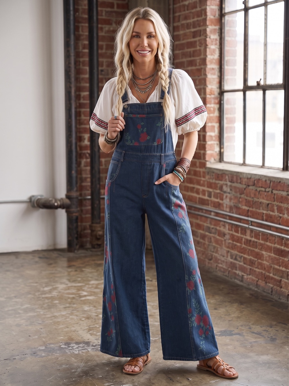 NWT Eesome Mineral Washed Rose Print Denim Jean Overalls Jumpsuit Jumper